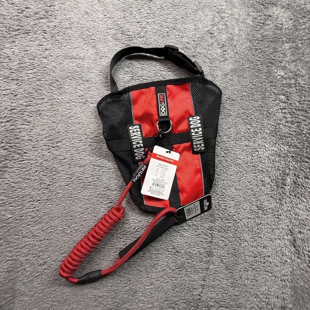NWT DogLine ESA Service Dog Vest & Leash Red Reflective Changeable Patches M